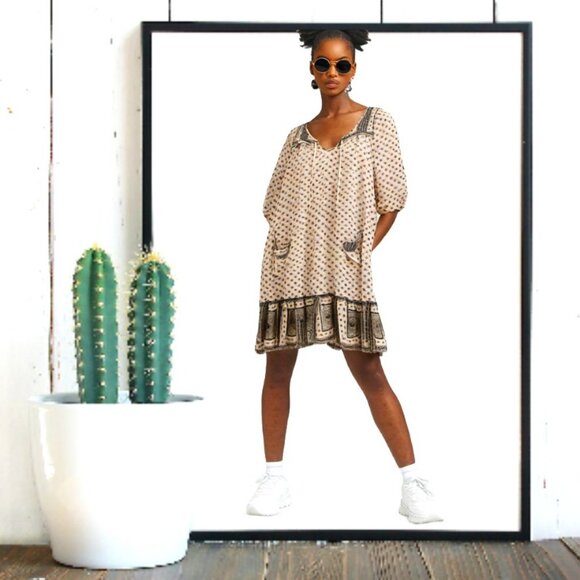 Free People Penny Lane Tea Cream Boho Paisley Floral Short Dress, Size XS - Picture 1 of 5